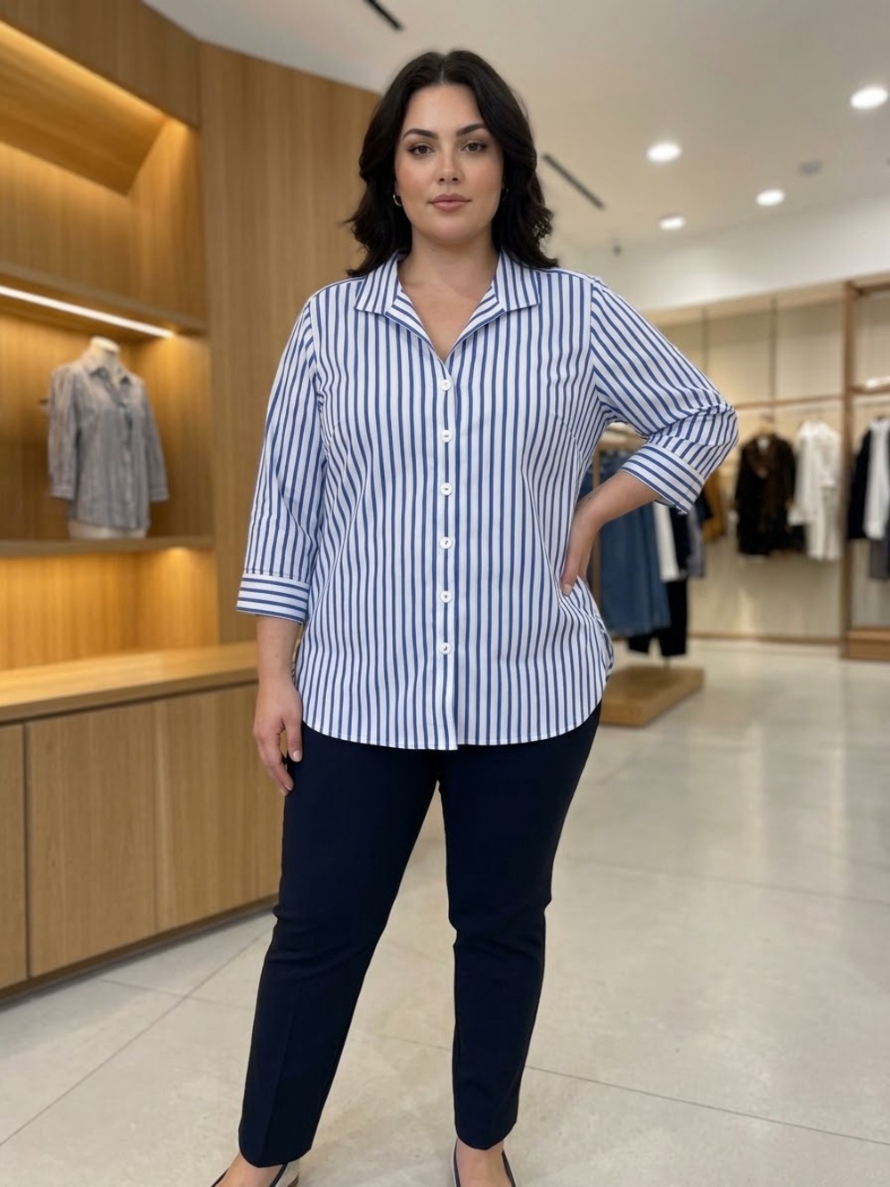 Foxcroft White Button-Down Shirt with Blue Vertical Stripes